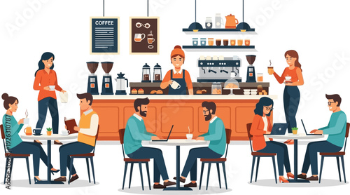 A vibrant cafe scene depicts customers and baristas with a warm color palette on transparent background silhouette high quality professional detailed