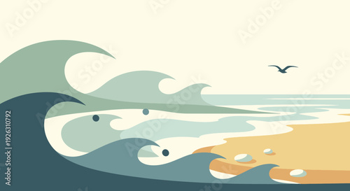 Serene ocean waves on sandy beach with a flying bird