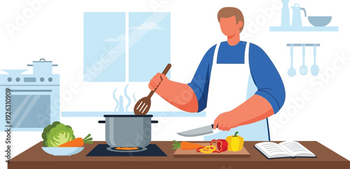 A man cooking in a kitchen stirring a pot on the stove with vegetables and a cookbook on transparent background silhouette
