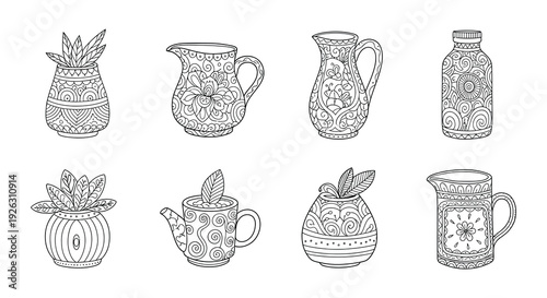 Intricate black and white illustrations of various ornate teapots and vases