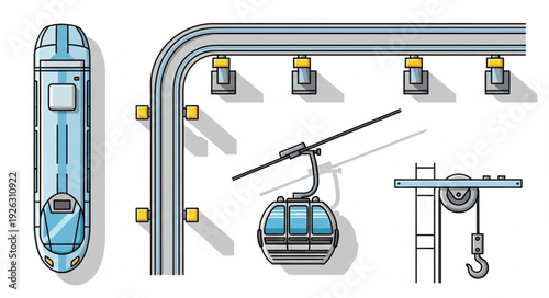 Detailed illustration of various transportation systems and components for travel.