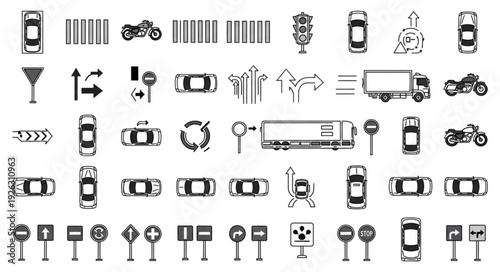 Collection of various road signs and transportation vehicles in a monochrome style.