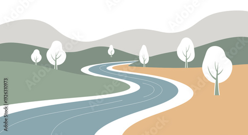Winding road through hills and trees
