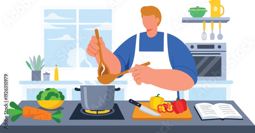 A man cooks in a modern kitchen stirring a pot on the stove presented as a silhouette on transparent background