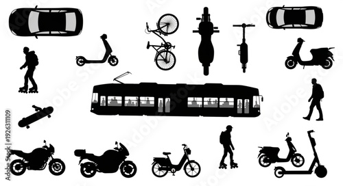 Collection of various transportation vehicles and modes of transport in silhouette form.