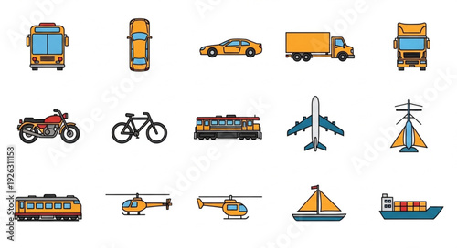 Collection of various transportation vehicles, including cars, buses, and aircraft, in a colorful illustration.