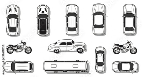 Collection of various vehicles including cars and motorcycles in top view.