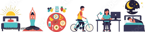 A colorful illustration depicts a daily routine from waking up to sleeping presented as a series of icons on transparent background silhouette