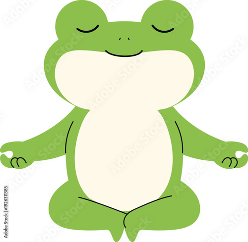 Calm frog meditating and closing eye, Happy frog character sitting and calm illustration