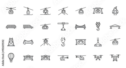 Collection of various transportation vehicles and structures in simple sketch style.