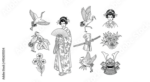 Japanese themed illustrations samurai geishas cranes and floral designs
