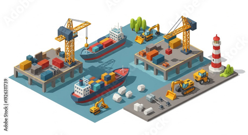 Isometric Illustration of Industrial Harbor Scene.