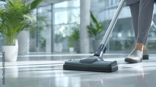 Wallpaper Mural A dedicated worker meticulously vacuums the shiny floors of a bright, contemporary office setting Generative AI Torontodigital.ca