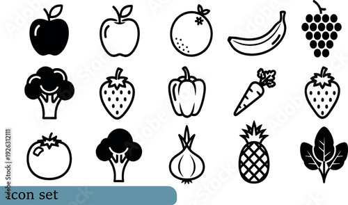 Print Bold Solid Food and Produce Icon Set Featuring Stylized Fruits Vegetables and Healthy Garden Greens for Culinary Design
