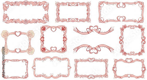 Collection of ornate red and pink rectangular frames with floral decorations and blank spaces for text on white background ideal for invitations and certificates