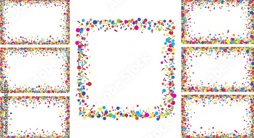 Colorful confetti frames set with blank white space for text or image on isolated white background perfect for celebration and party design elements
