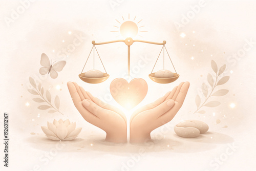 A serene watercolor illustration depicting two hands gently holding a glowing heart beneath a balanced scale. Surrounded by symbols of peace like a lotus flower, a butterfly, and soft leaves,