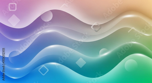 Vibrant wavy gradient background with shiny curves and translucent shapes in purple blue green and orange hues for design and digital art