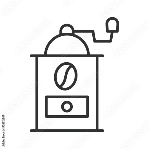 Manual coffee grinder icon in line design. coffee grinder, coffee mill, barista grinding, bean grinder, cafe equipment, coffee prep, grinder machine. White background vector. Editable stroke icon