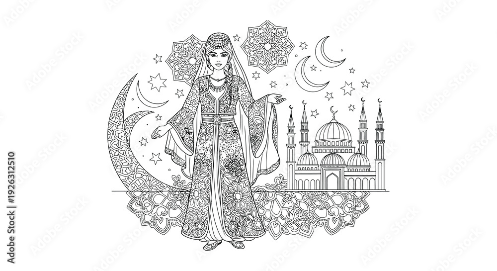 Obraz premium Intricate drawing of a woman with crescent moons stars and a mosque