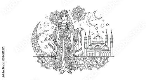 Intricate drawing of a woman with crescent moons stars and a mosque