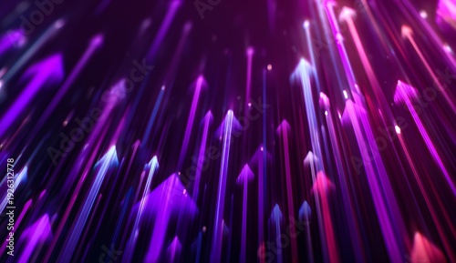 Abstract background with rising purple arrows representing growth, success, and digital advancement in modern business and technology environments with dynamic light effects