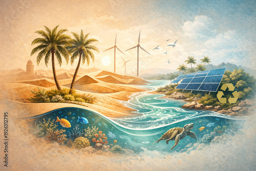 A conceptual illustration showcasing a sustainable future where clean energy and nature coexist. The scene transitions from golden desert dunes and palm trees to a lush coastline with solar panels