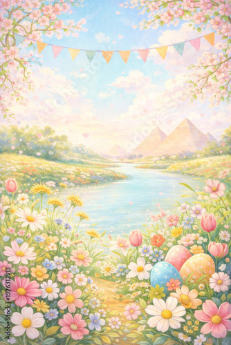 A dreamlike spring landscape painted in soft pastel colors. The scene features a blooming field of daisies and tulips leading to a peaceful river. In the background, the majestic pyramids stand under 