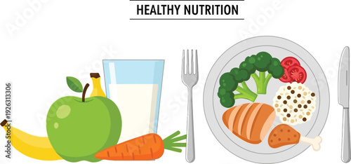 A vibrant flat style illustration of healthy food options including fruit vegetables and protein on transparent background silhouette high quality professional detailed