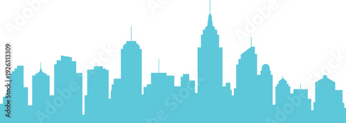 Bright cyan city skyline silhouette illustration with skyscrapers, antennas, spire rooftops, urban architecture, metropolitan design, downtown buildings, modern cityscape, white background vector.