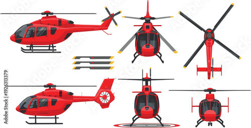 Red Rescue Helicopter Collection with Side Top Front Views Rotating Blades and Landing Position Flat Vector Illustration.