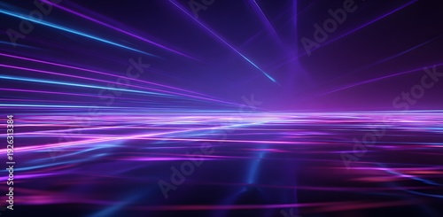 Dynamic abstract digital landscape with glowing blue and purple lines representing data flow, network connections, and the digital information superhighway