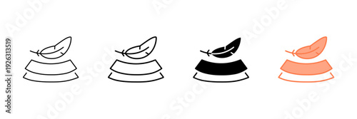 Set of minimalist softness icons with transparent background, depicting a delicate feather on layered textiles, symbolizing comfort, lightweight, and gentle touch, vector illustration