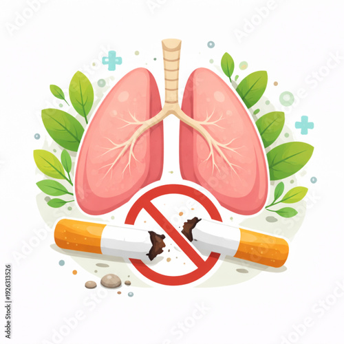 A high-quality flat vector illustration promoting lung health and anti-smoking. It features healthy pink lungs surrounded by green leaves and medical symbols. In the foreground, a broken cigarette