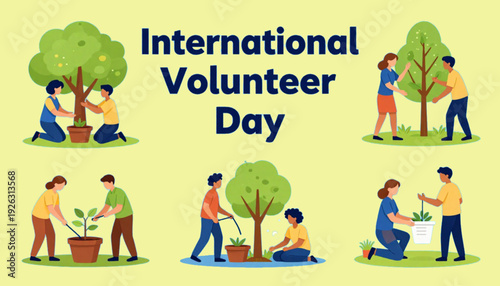 A flat-style vector illustration celebrating "International Volunteer Day." The image shows diverse groups of volunteers working together to plant trees and care for the environment