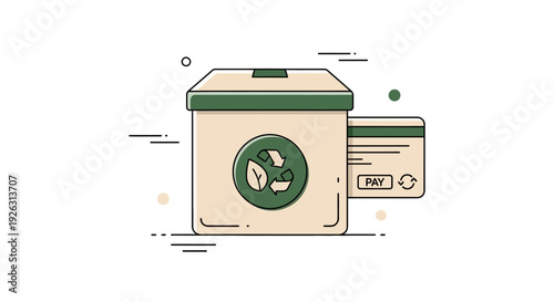 Sustainable Payment and Green Finance Concept with Recycling Box and Credit Card. Minimalist flat vector illustration for eco-friendly commerce.