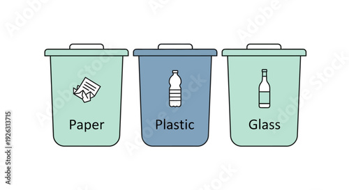 Waste sorting bins for paper, plastic, and glass, promoting recycling and environmental responsibility.