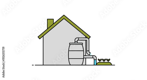 Eco-friendly home with rainwater harvesting system, collecting water for plants and garden.