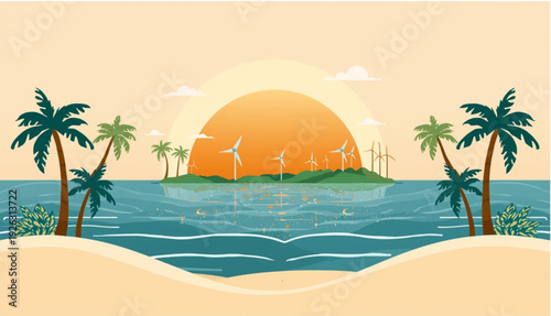 A vibrant flat vector illustration of a tropical island at sunset. The scene features palm trees on a sandy beach in the foreground, looking out over calm blue ocean waves toward a distant island