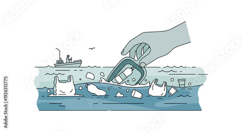 Hand collecting plastic waste from polluted ocean water with boat and bird in background, environmental cleanup concept illustration