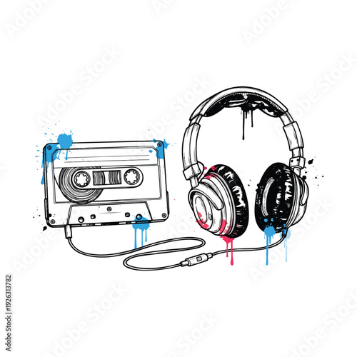 Retro audio cassette tape isolated on white background with vintage music and analogue sound style vector illustration t shirt design.
