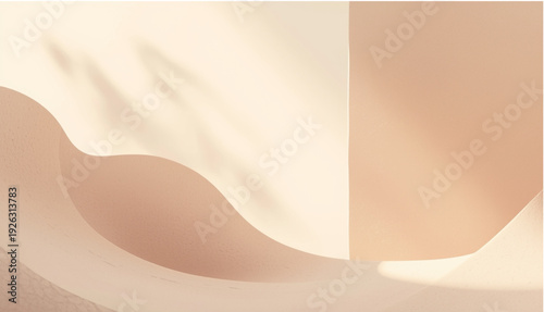 A minimalist abstract background featuring soft, flowing organic curves in warm beige and sandy tones. The composition is enhanced by delicate shadows of leaves or plants cast against a clean, structu