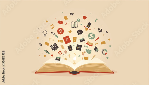 A whimsical illustration featuring an open book from which a vibrant explosion of icons and symbols emerges. These elements include letters, musical notes, hearts, lightbulbs, and geometric shapes,