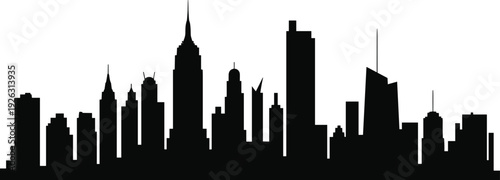 Black silhouette city skyline illustration with tall skyscrapers, urban architecture, modern buildings, metropolitan design, business district, iconic spires, antennas, rooftops, white background.
