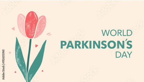 An elegant and minimalist graphic for World Parkinson’s Day featuring a stylized red and pink tulip on a soft beige background. The tulip, a global symbol for Parkinson's awareness, is accompanied 