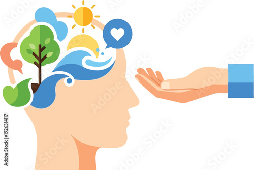 A colorful depiction of imagination and creativity flowing from a human head presented as a silhouette on transparent background high quality
