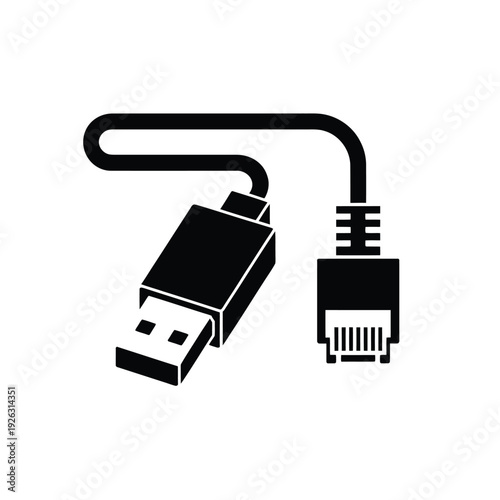 Black and white illustration of a usb to ethernet adapter cable