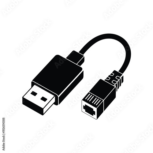 A black and white illustration of a usb to ethernet adapter