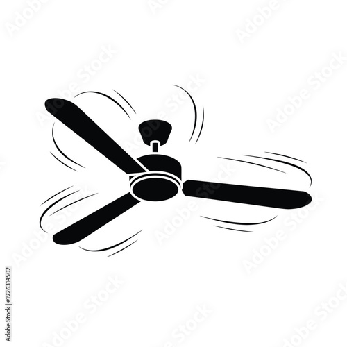 A black and white silhouette of a rotating ceiling fan with blades