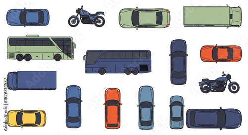 Collection of various vehicles including cars, buses, and motorcycles, top view.